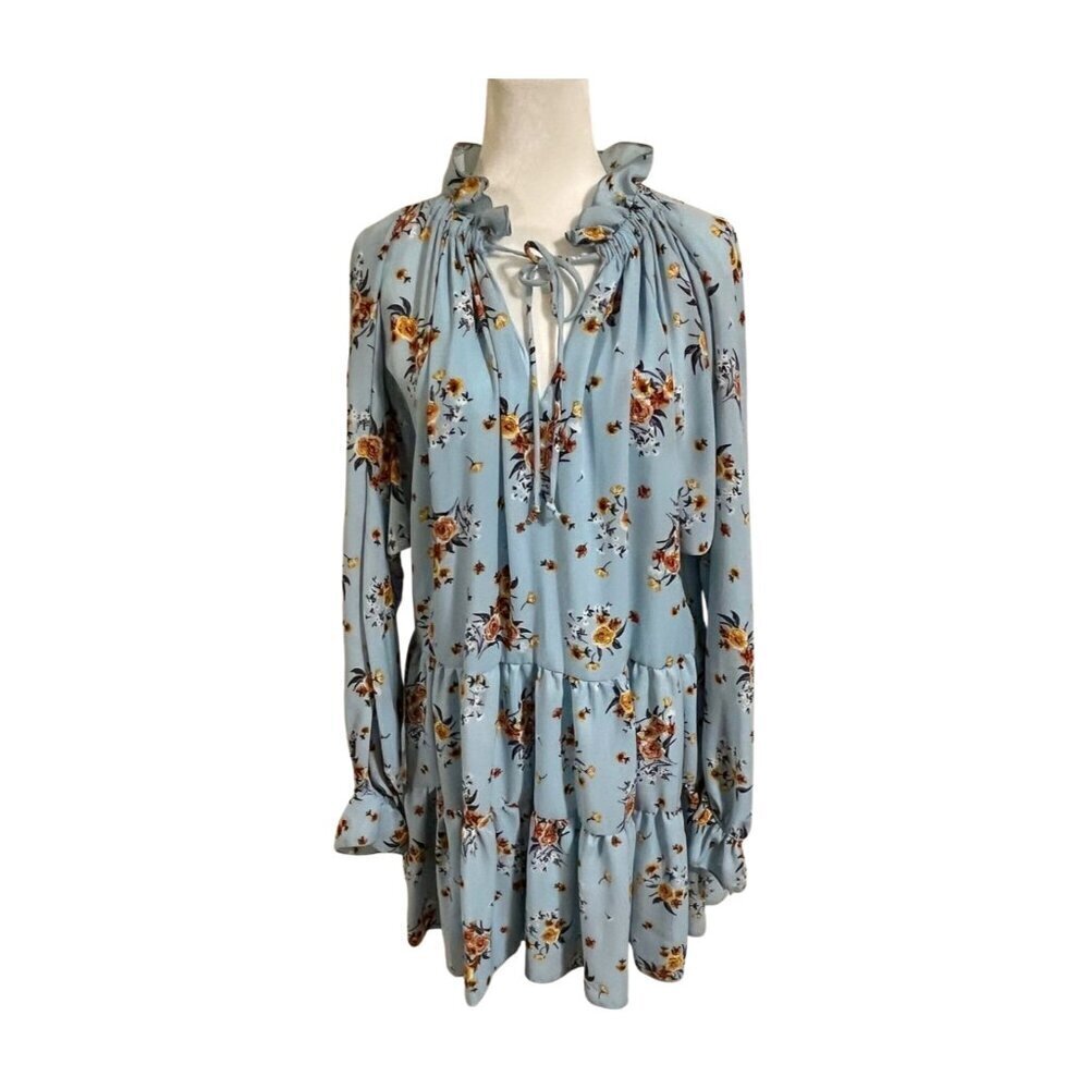 Altar'd State Blue Floral Tiered Ruffle Mini Dress Cottagecore Boho Size Small